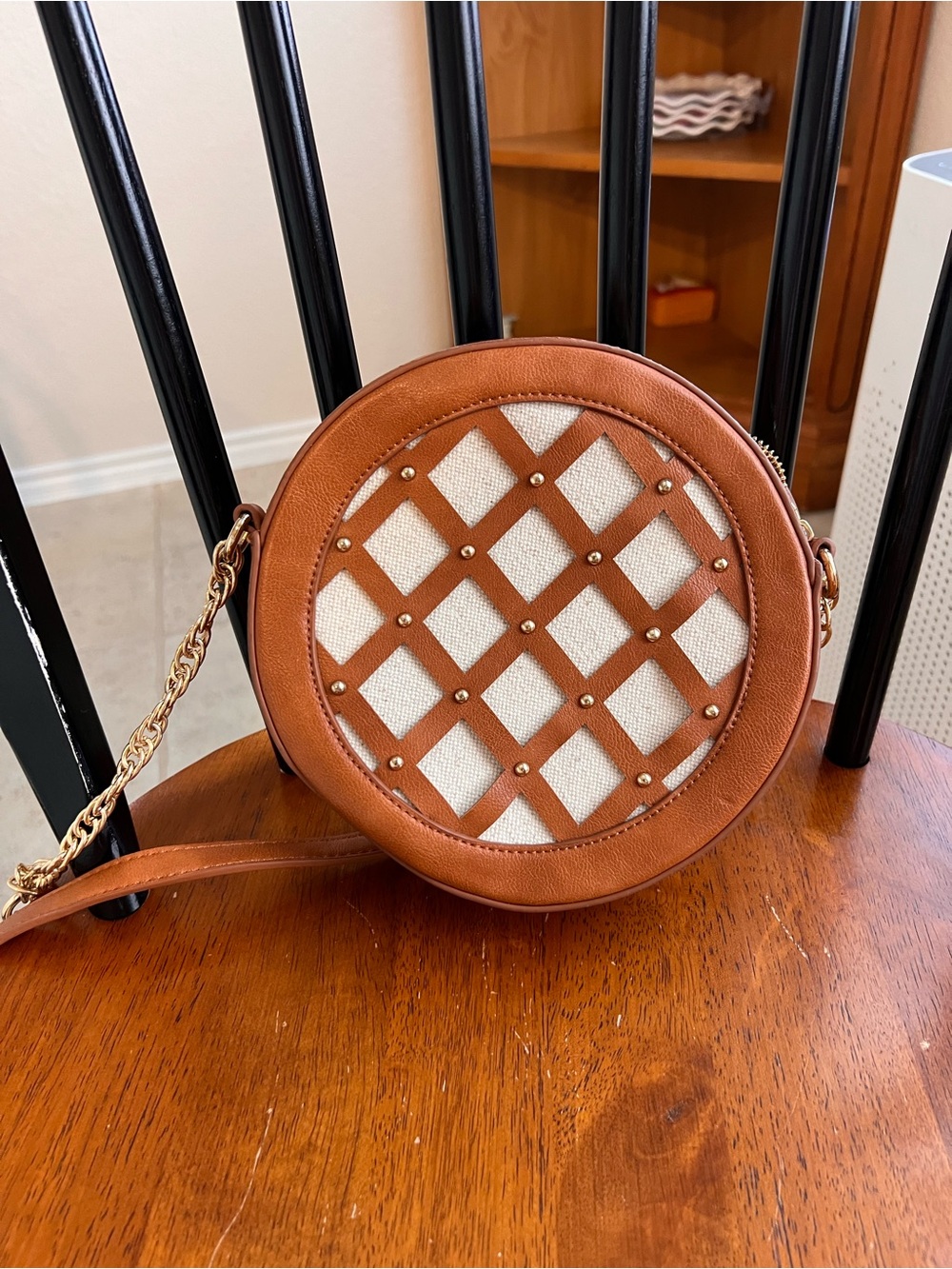 Round Brown Crossbody Bag with Lattice Detail